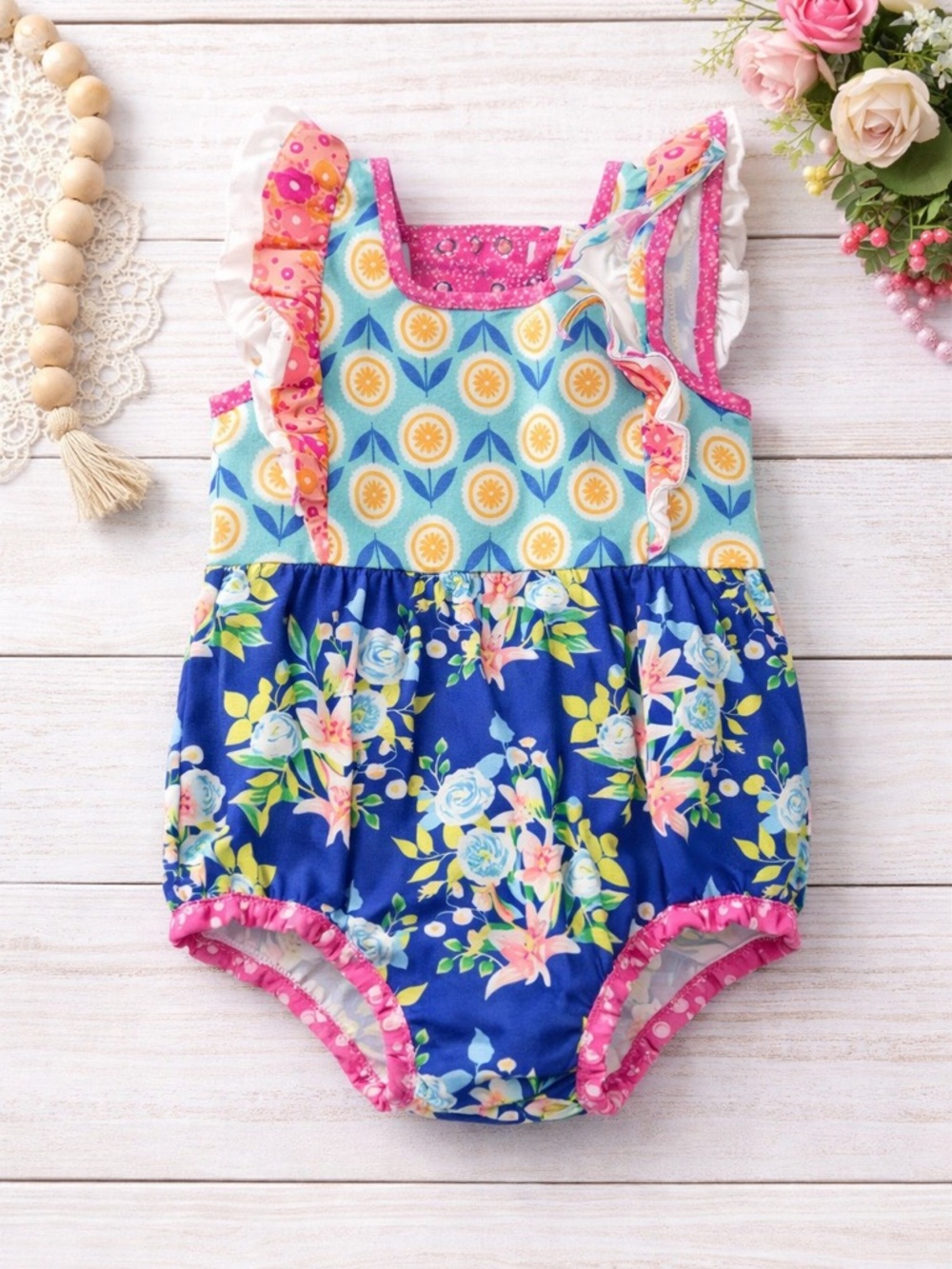 Girl’s Wildflowers floral romper bubble pink blue green size 2